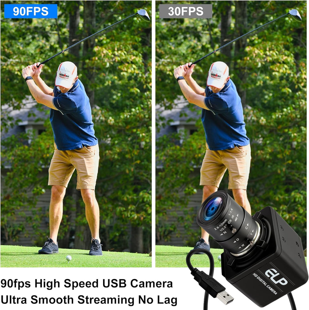 ELP 90fps Global Shutter USB-Kamera 1200P Golfschwungkamera mit hoher Bildrate, 5-50mm 10x manuelles