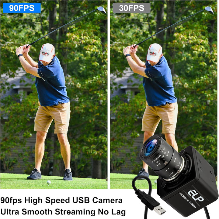 ELP 90fps Global Shutter USB-Kamera 1200P Golfschwungkamera mit hoher Bildrate, 5-50mm 10x manuelles
