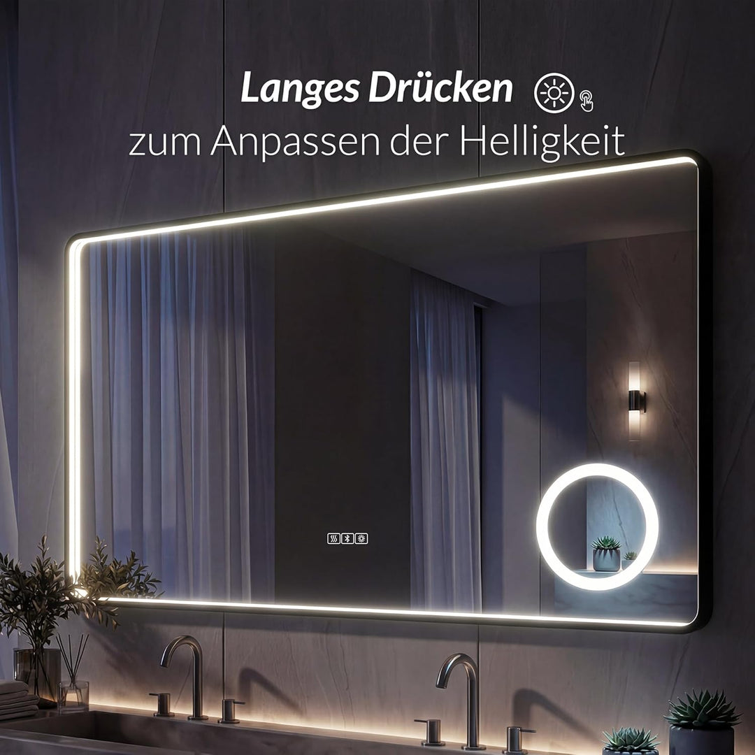LED Badspiegel mit Aluminiumrahmen & Bluetooth, 5mm Kupferfreier HD Silber-Spiegel, 3 Lichtfarben Di