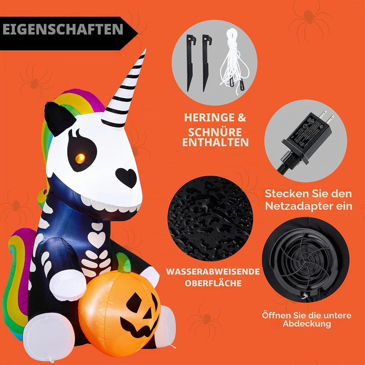 Joiedomi Aufblasbares Halloween-Skelett-Einhorn, 152 cm, aufblasbar, mit eingebauten LEDs, aufblasba
