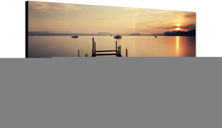 Paul Sinus Art Panoramabild auf Leinwand und Keilrahmen 150x50cm Meer Steg Holz Wolkenhimmel Sonne