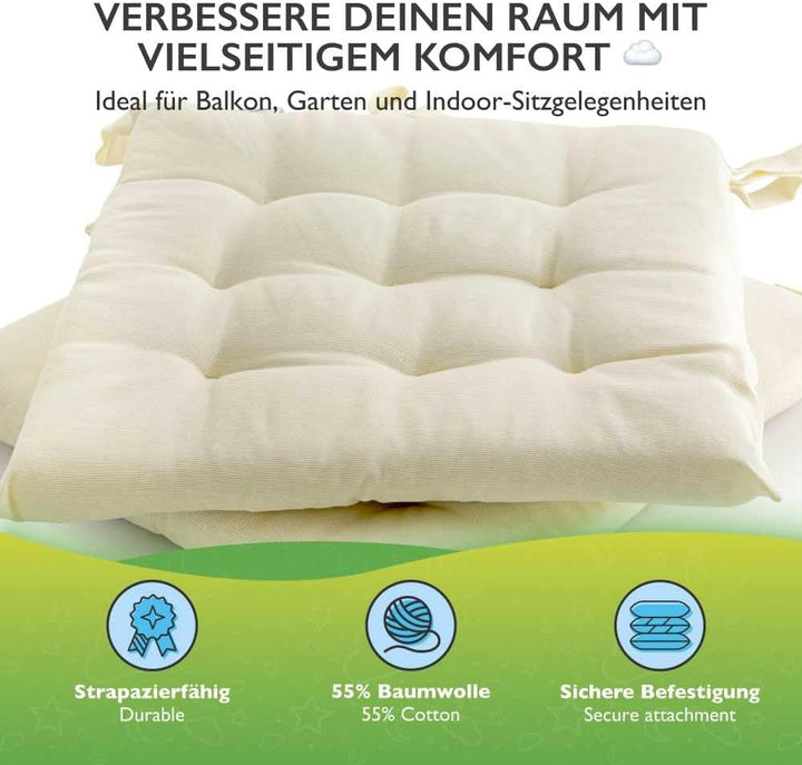 etérea 2er Set Sitzkissen Outdoor 40x40 mit Bändern - Stuhlkissen Creme für Gartenstuhl & Innenberei