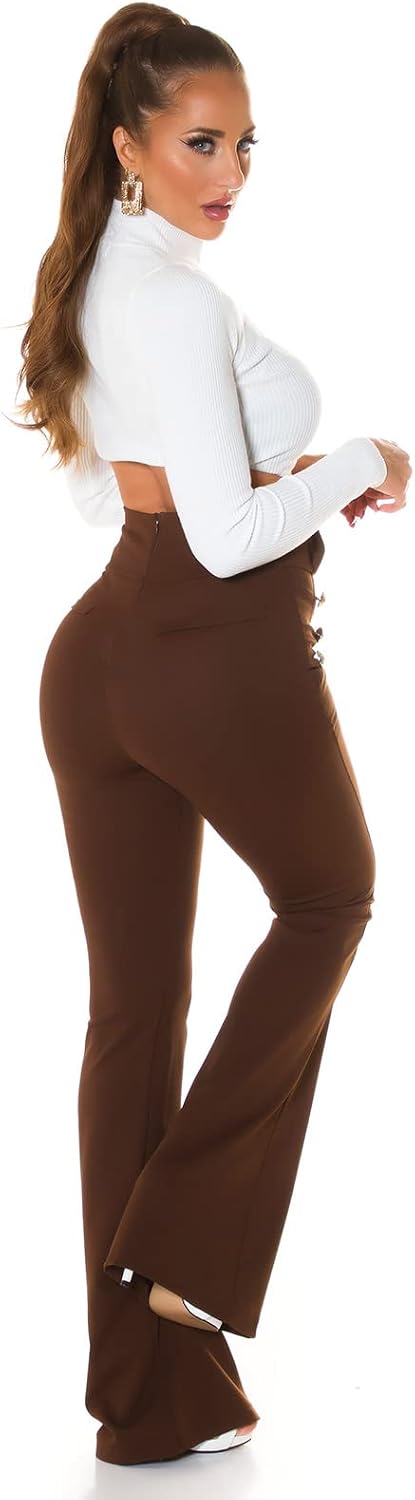Stoff Business High Waist Schlag Hose mit Deko Knöpfe M Dunkelbraun, M Dunkelbraun