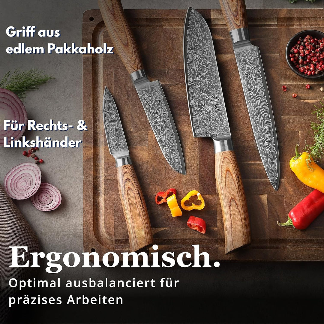 Wakoli Edib Pro 4er Damastmesser-Set mit Klingen von 8,50 - 17,20 cm Länge extrem scharf aus 67 Lage