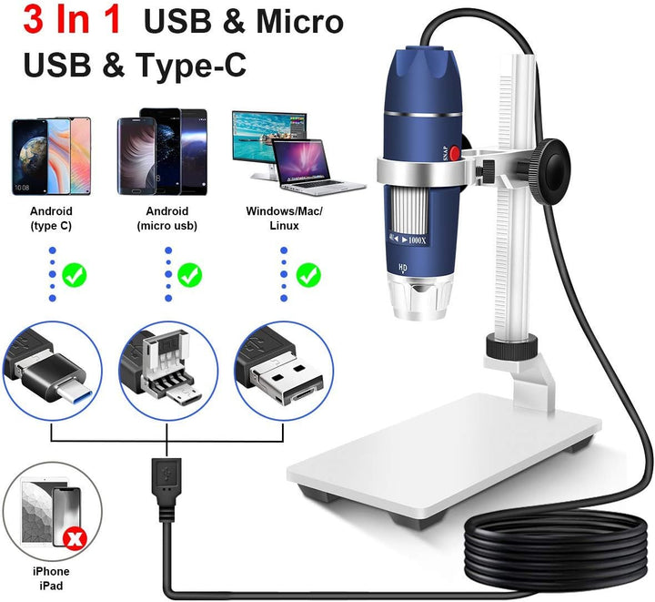 Jiusion HD 2MP USB Digitalmikroskop 40-1000X Tragbare Vergrösserungs-Endoskopkamera mit 8 LEDs Stabi