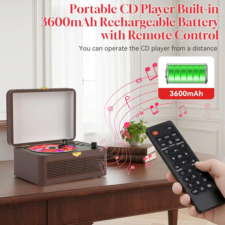 Gueray Tragbarer Bluetooth CD-Player mit Lautsprechern 3600mAh Wiederaufladbarer Vintage CD Spieler