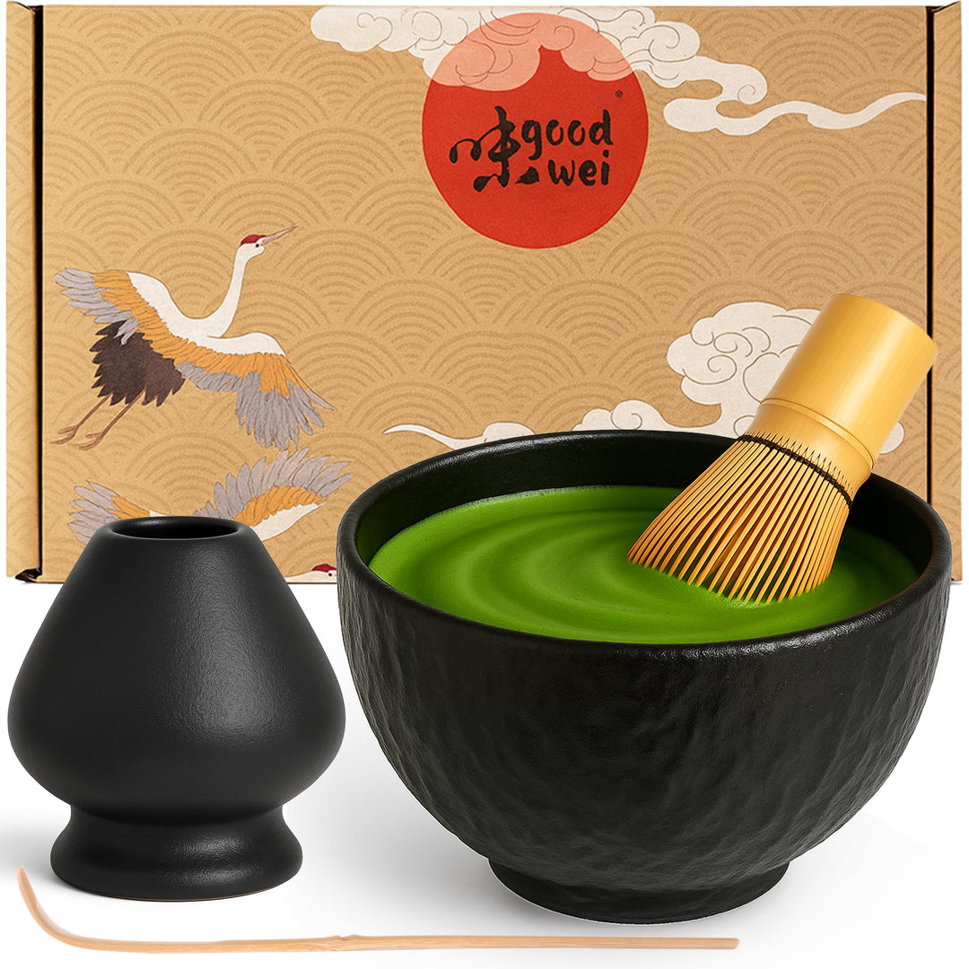 Goodwei Matcha Set mit Matcha Besen, Matchalöffel und Matcha Schale mit Besenhalter aus Keramik im p
