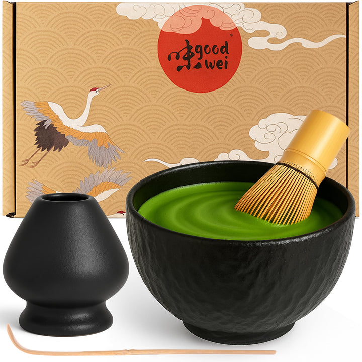 Goodwei Matcha Set mit Matcha Besen, Matchalöffel und Matcha Schale mit Besenhalter aus Keramik im p