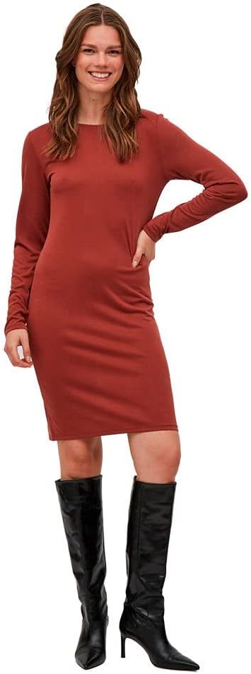 Vila Damen Vimodala O-Neck L/S Midi Su-Noos Dress XS Fired Brick, XS Fired Brick