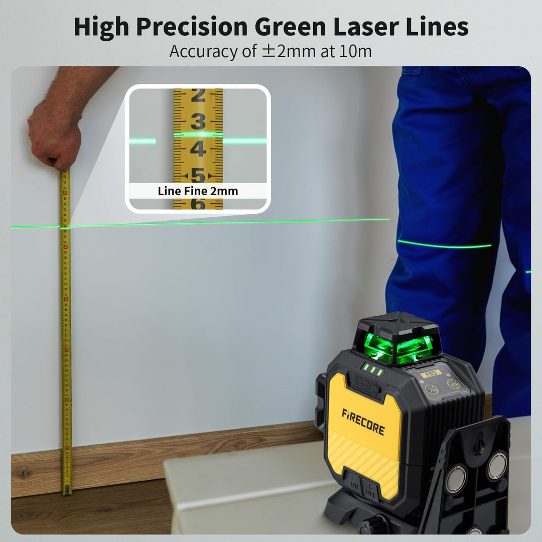 Firecore 3 x 360° Laser Wasserwaage, grüne Kreuzlinienlaser, selbstnivellierend, 12 Linien, Drei-Ebe