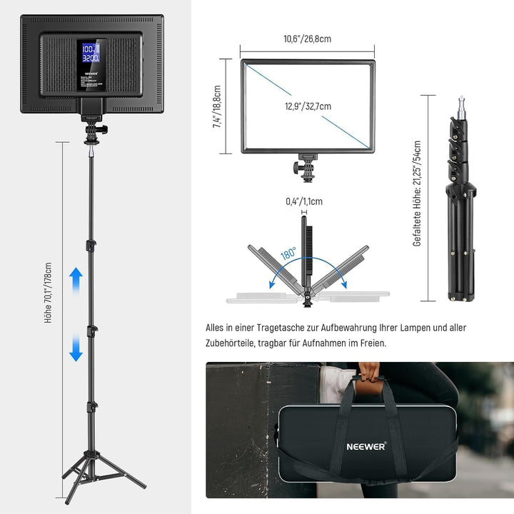 NEEWER 13" LED Videolicht Panel Set mit Stativ, Streaming Licht mit Lithium Akku 2er Pack weiches LE