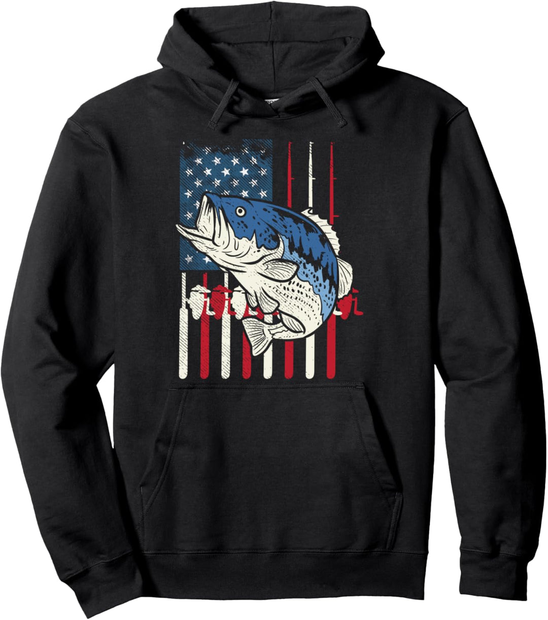Bass Fish US American Flag Patriotic Fishing Fisherman Gift Pullover Hoodie