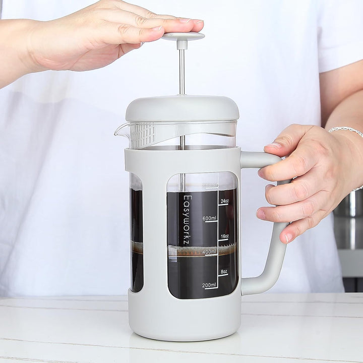 Easyworkz French Press 1000 ml Kaffee-/Teezubereiter mit Borosilikatglas, Softgrip-Griff, Hellgrau H
