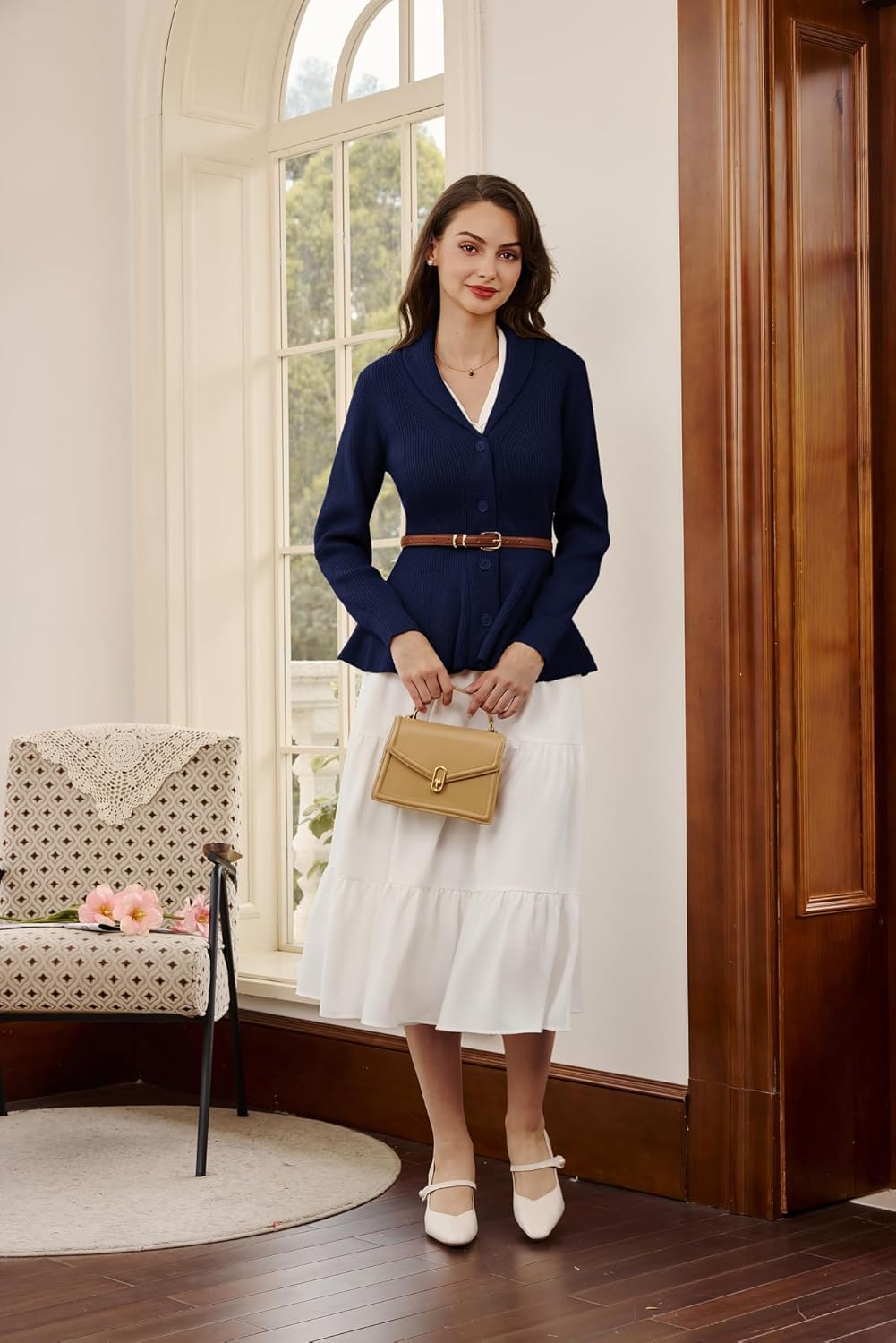Belle Poque Damen Strickjacke Langarm Reverskragen Cardigan mit Rüschensaum Casual Strickmantel L Ma