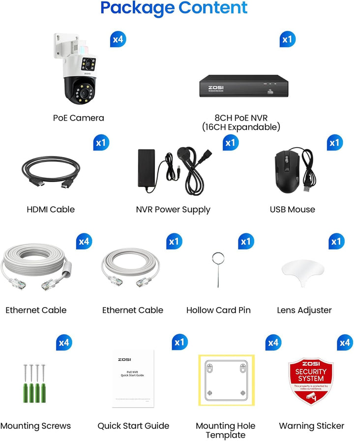 ZOSI Dual-Lens PoE Outdoor Überwachungskamera Set mit AI Personen/Fahrzeugerkennung, 8CH 4K 2TB NVR