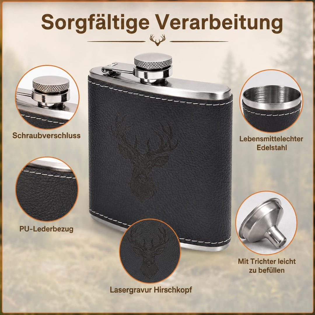 Jäger Geschenk Flachmann mit Hirsch Gravur - 6oz/180ml Edelstahl Flask Set in Geschenkbox mit 2x10ml