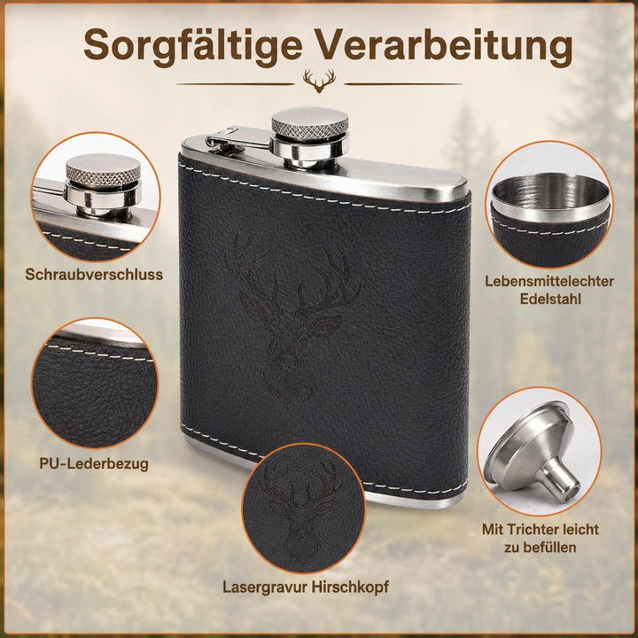 Jäger Geschenk Flachmann mit Hirsch Gravur - 6oz/180ml Edelstahl Flask Set in Geschenkbox mit 2x10ml