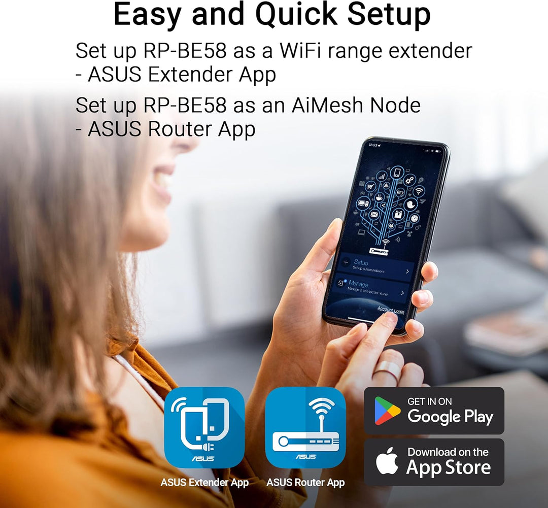 ASUS RP-BE58 BE3600 Dual Band WiFi 7 AiMesh Repeater (Range Extender, bis zu 3.600 Mbps, nahtloses M