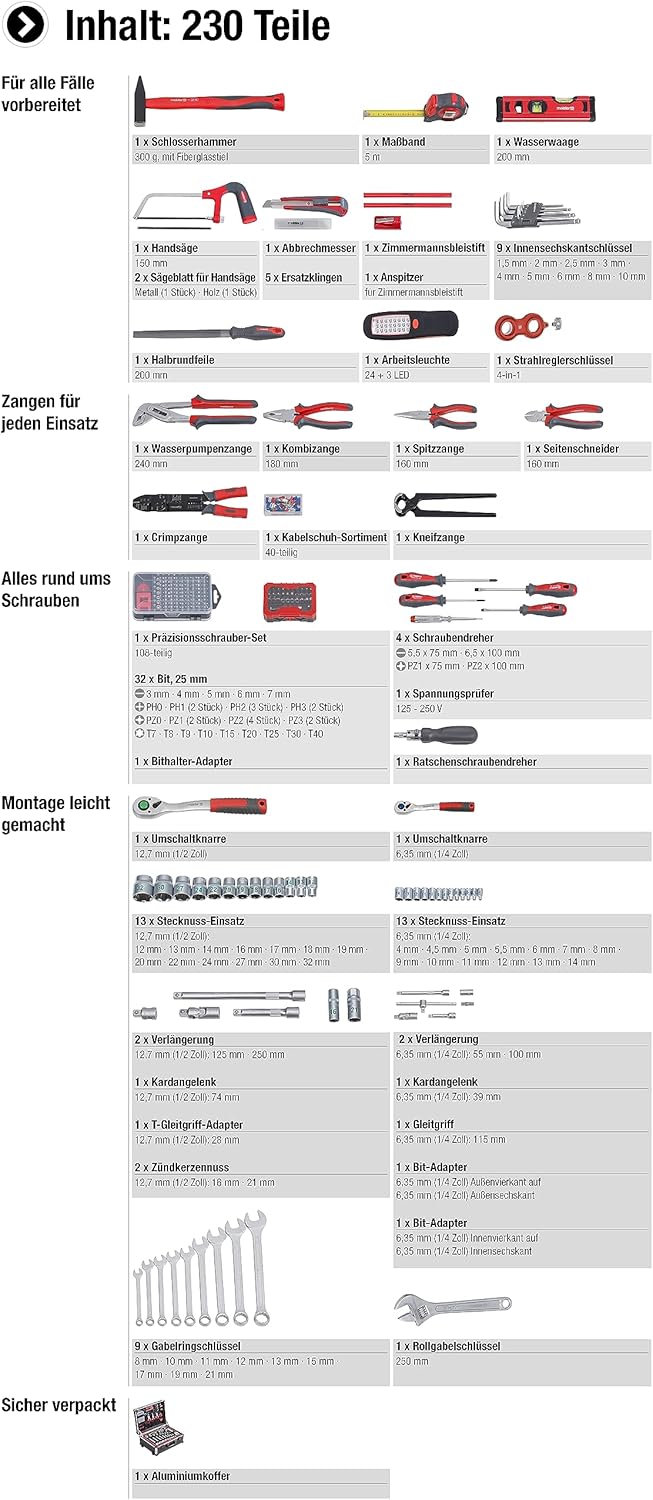 Meister Werkzeugtrolley 230-teilig - Werkzeug-Set - Mit Rollen - Teleskophandgriff/Profi Werkzeugkof