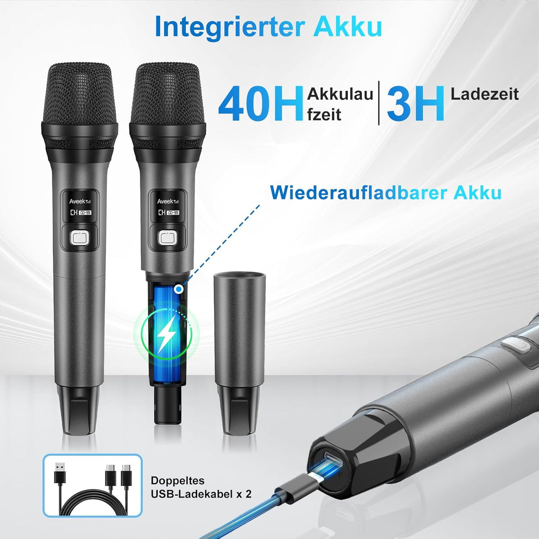 Aveek Kabelloses Mikrofonsystem mit 4er-Pack dynamischen Handmikrofonen, 79,9 m lange Reichweite, 40