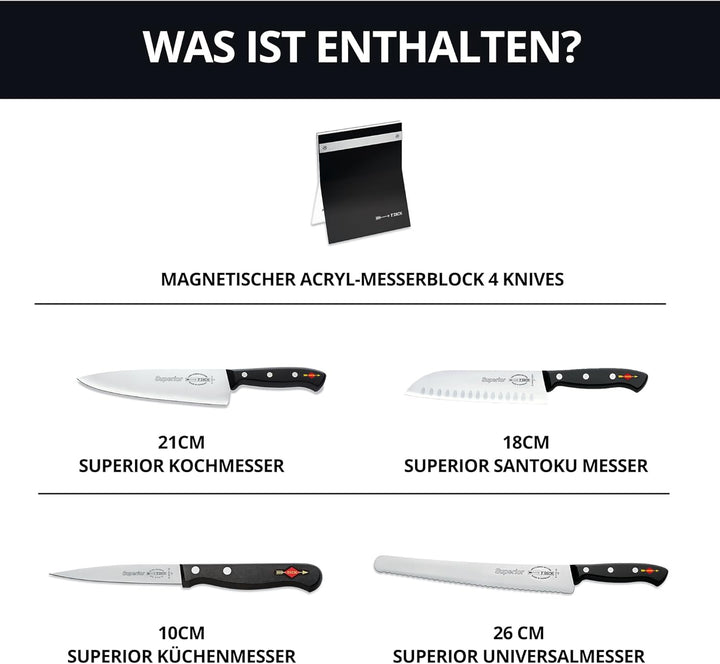 F.Dick Superior Messerblock im Acryl - Magnetblock – 4-teilig mit Kochmesser, Santoku, Brotmesser &
