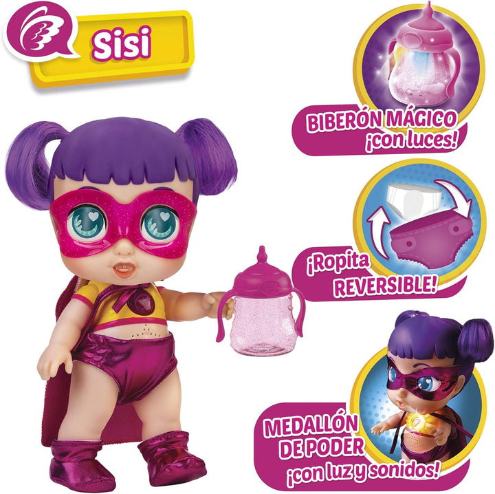 Super Cute - Super süsse Superheldin Sisi Puppe mit Flasche, wendbare Kleidung und Zubehör Interakti