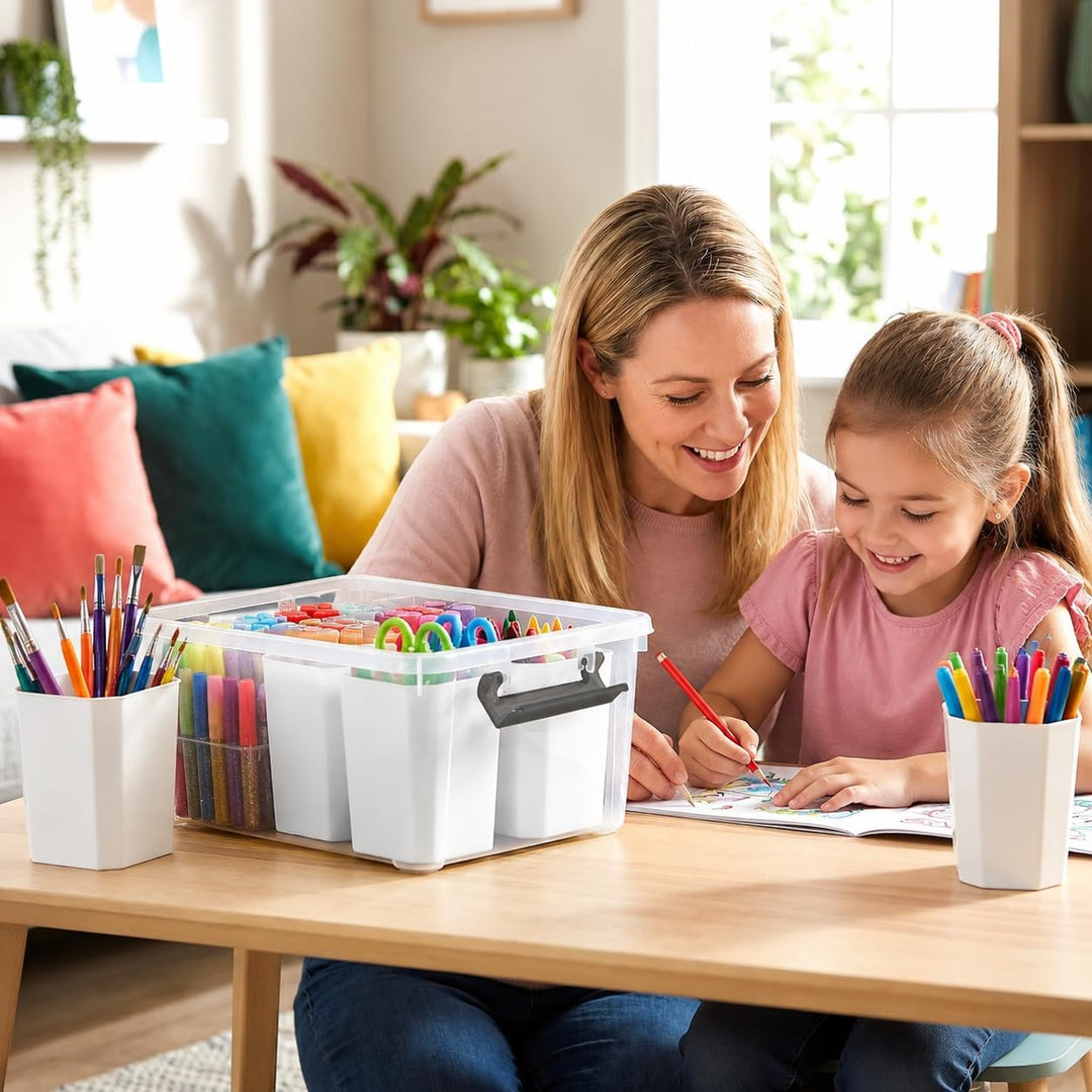 Aufbewahrungsbox mit Deckel, Transparent, Kunststoff Organizer mit 6 Fächern für Stifte und Bastelma