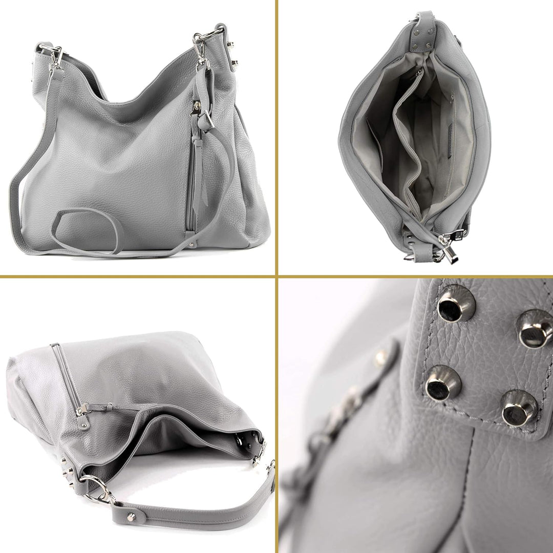 modamoda de - T183 - ital. Damen Schultertasche aus Leder Blattgrün, Blattgrün