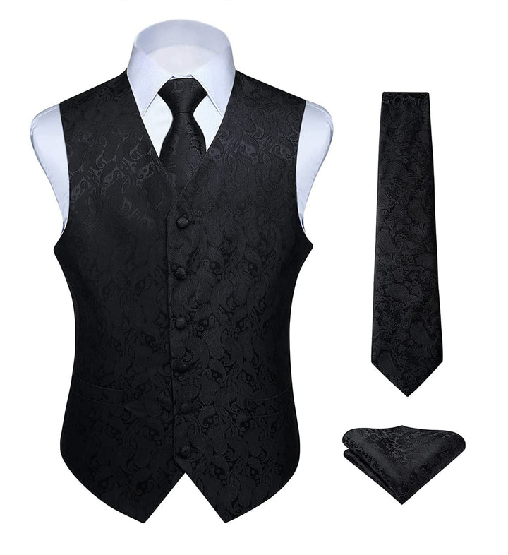HISDERN Herren FLoral Hochzeit Weste Krawatte Einstecktuch Taschentuch Jacquard Weste Anzug Set M Sc