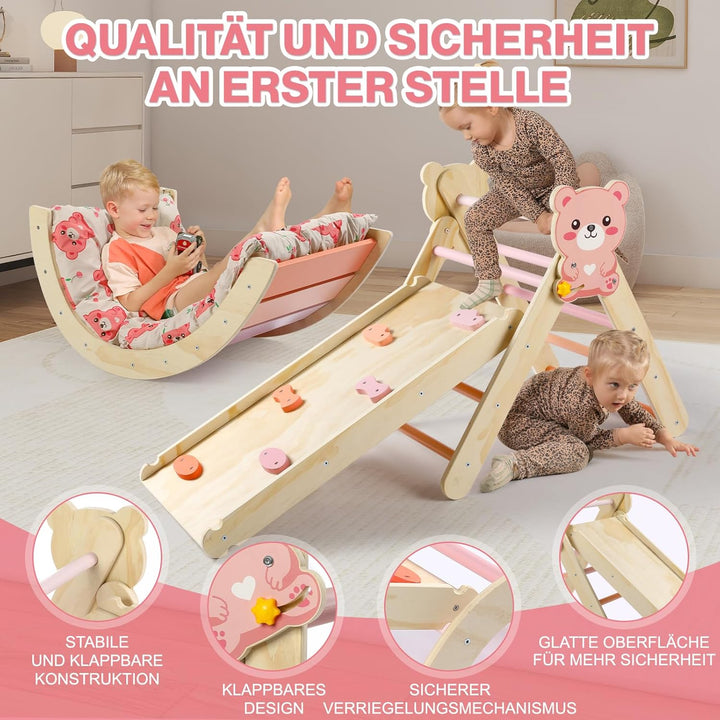 7-in-1 Montessori Kletterdreieck Set mit Rutsche, Kletterbogen & weichem Kissen – Holz Klettergerüst