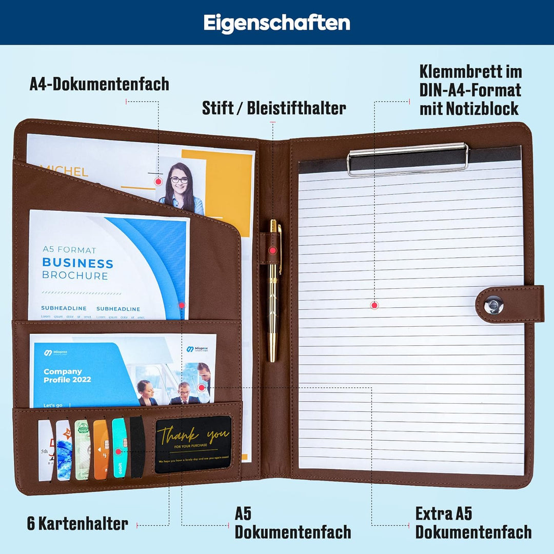 AMKSONS Schreibmappe A4 in Braun inklusive Klemmbrett & DIN A4 Notizblock - Premium Konferenzmappe a