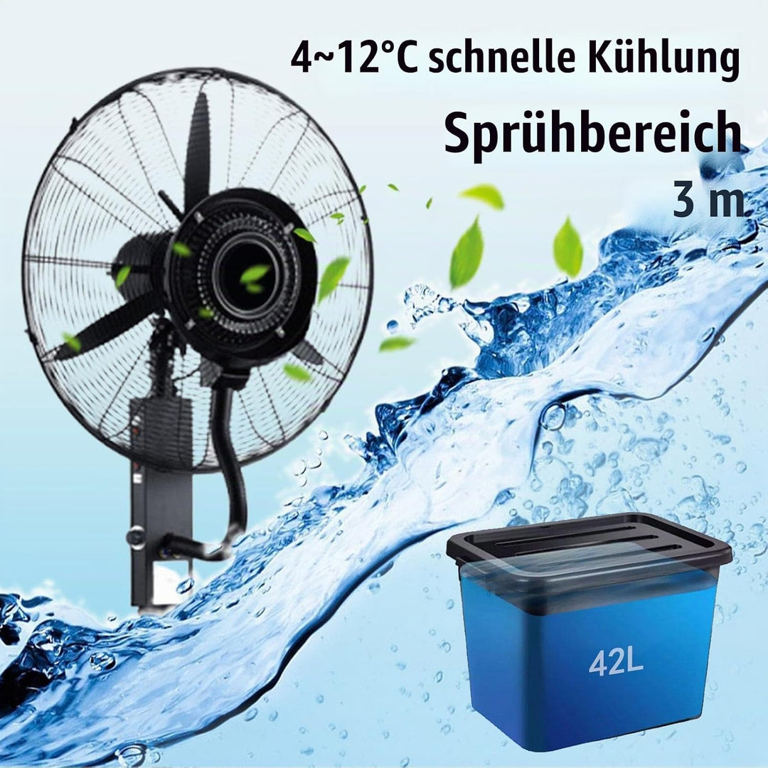 Ventilator für innen und aussen mit Sprühsystem, Schwarz tragbarer Sprühtank, 20 m~50m, Stand- &amp; Tis