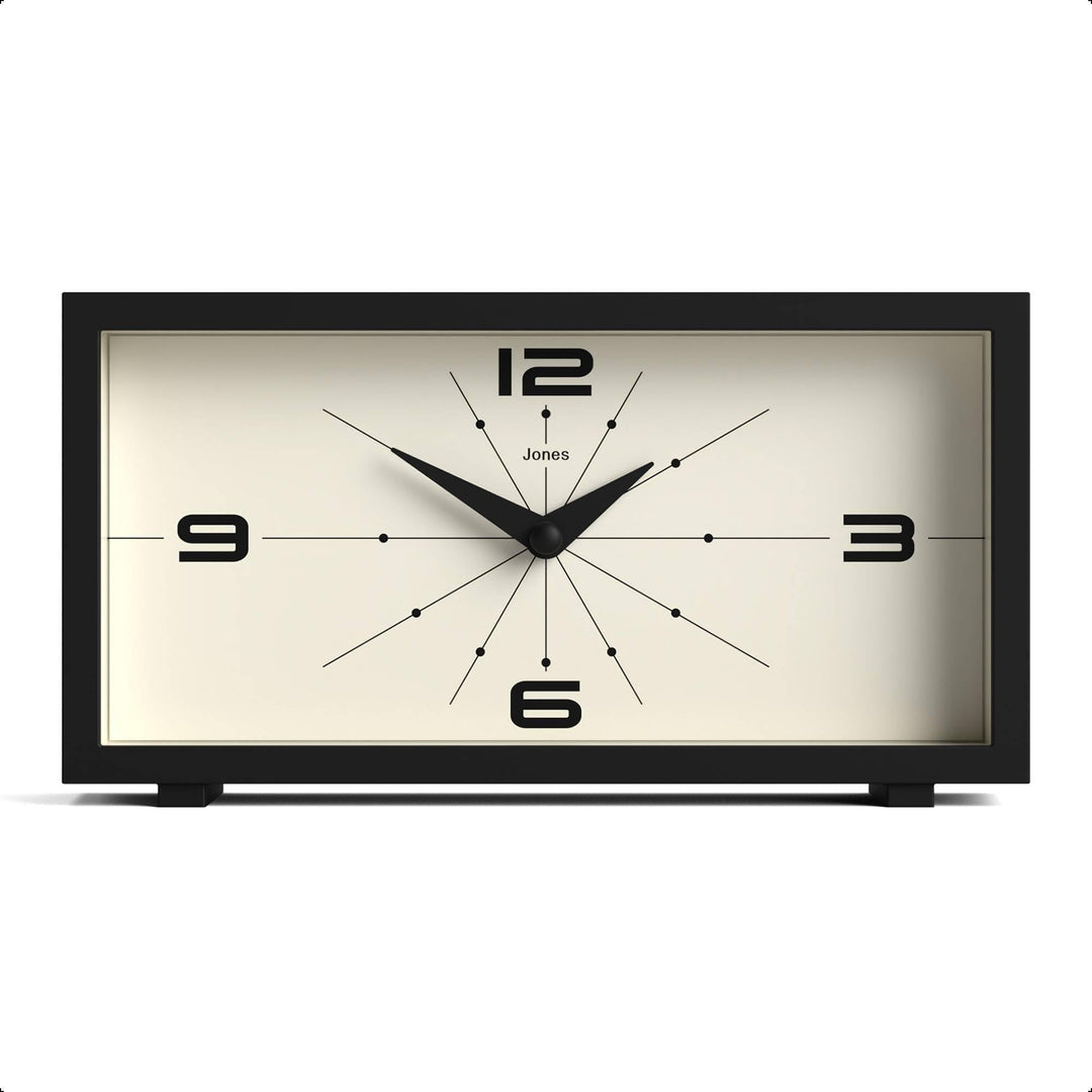 JONES CLOCKS® Schreibtischuhr 'Odeon' – modernes rechteckiges Design in Schwarz, stilvoller Retro-Lo