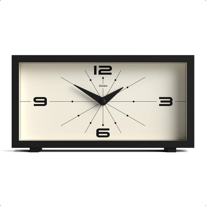 JONES CLOCKS® Schreibtischuhr 'Odeon' – modernes rechteckiges Design in Schwarz, stilvoller Retro-Lo