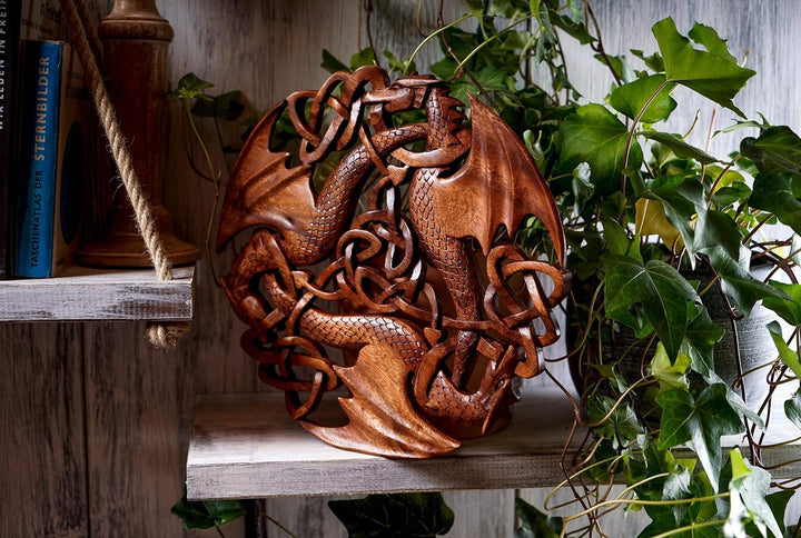 Windalf Celtic Wandbild Holzornament ACAR Ø 30 cm DREI keltische Drachen Wandrelief Handarbeit aus H