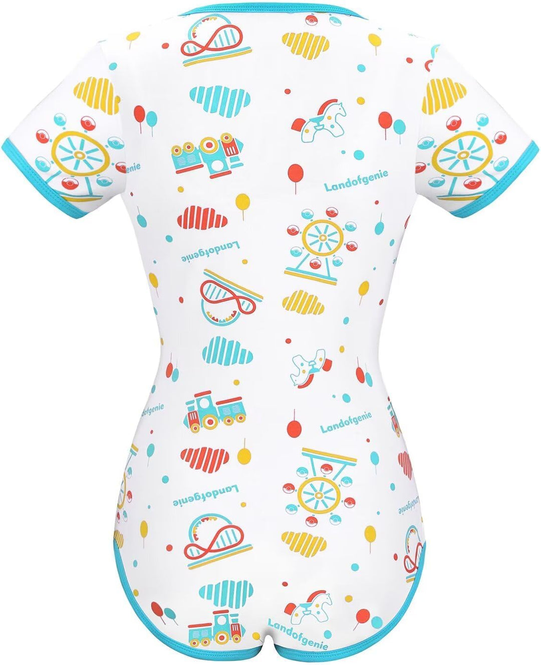 Landofgenie Damen Bodysuit Baumwolle Onesie Nette Print Pyjamas Nachtwäsche Blau Vergnügungspark Bla