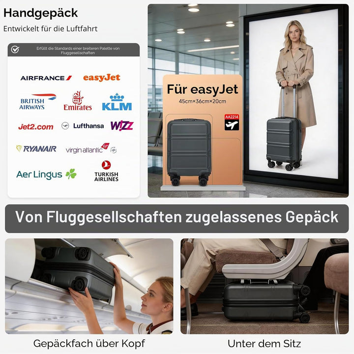 KONO Koffer Klein 16 Zoll Leicht ABS+PC Hartschalenkoffer mit Zahlenschloss Reisekoffer mit 4 Rollen