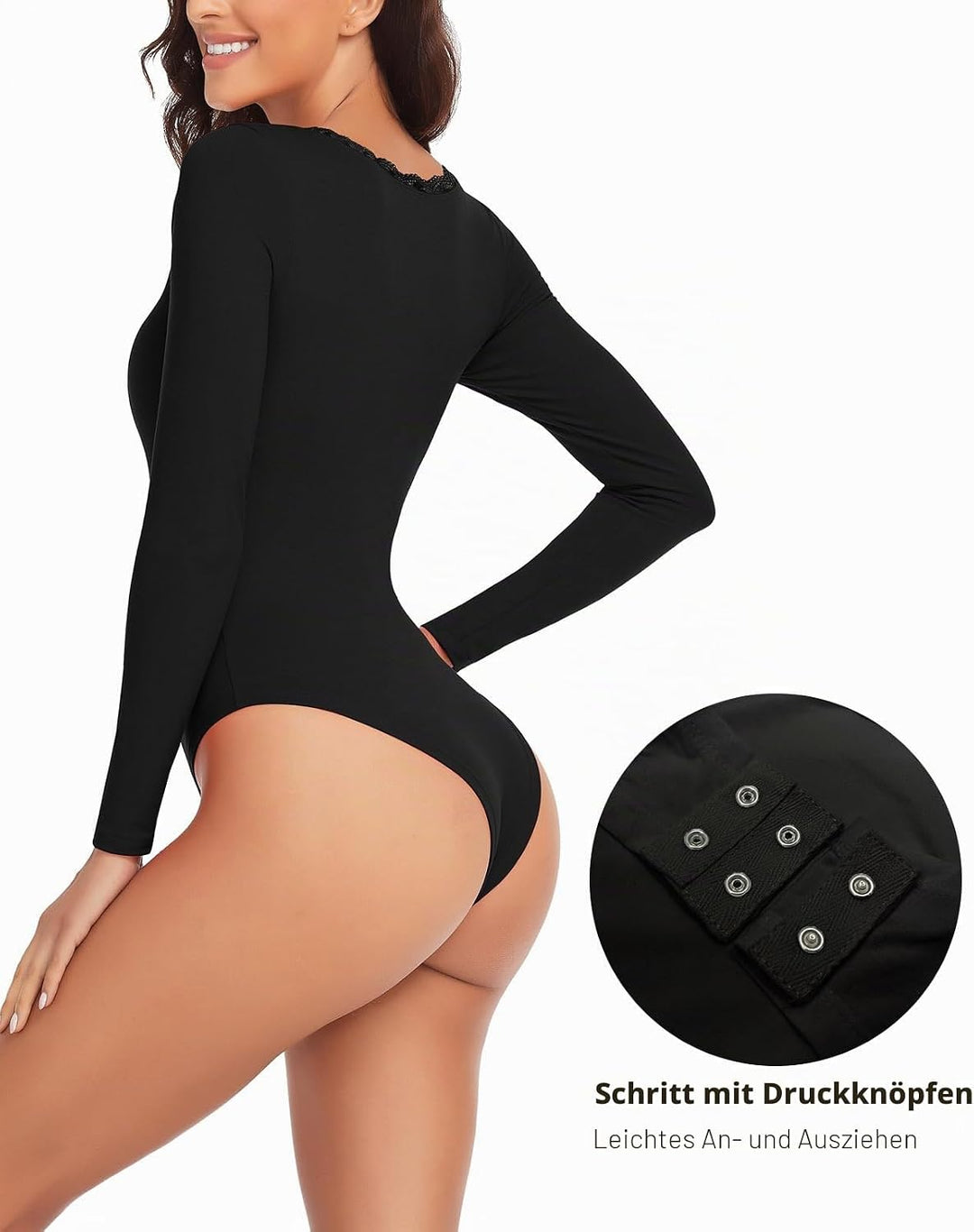 WOWENY Thermo Body Damen Langarm Elegant Langarmbody mit Spitze V-ausschnitt Fleece Bodysuit Warm Be
