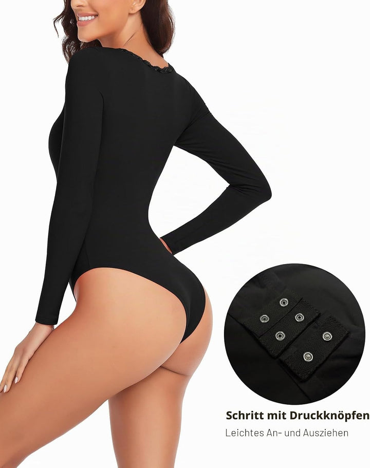 WOWENY Thermo Body Damen Langarm Elegant Langarmbody mit Spitze V-ausschnitt Fleece Bodysuit Warm Be