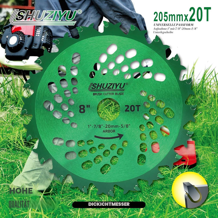 LSHUZIYU 205mm-20T, 25.4mm Dorn mit Adapter 22.23-20-16mm, Grosse Hartmetallspitze, Freischneiderkli