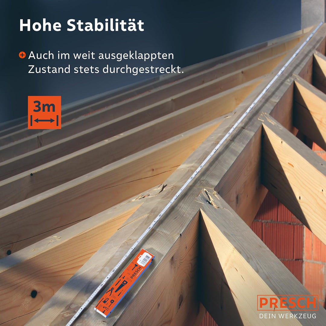 Presch Zollstock 3m mit Winkelfunktion - Holz - Orange - Grosse & sehr gut lesbare Zahlen - Exaktes