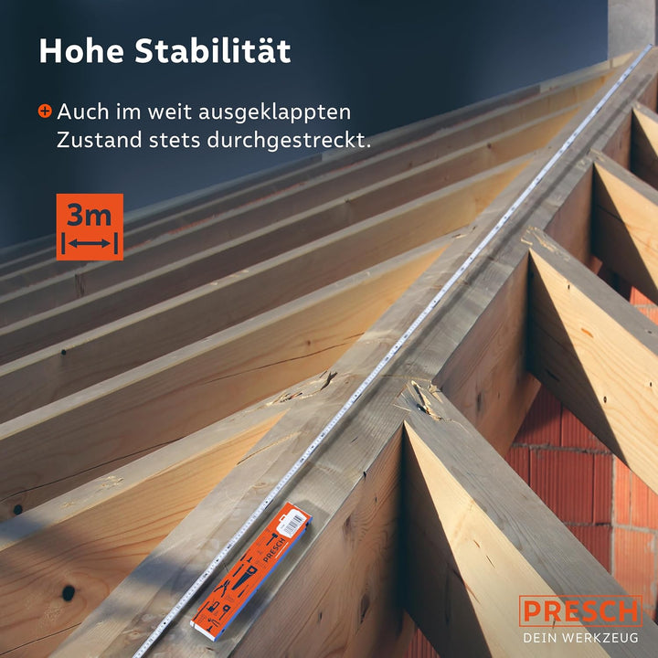 Presch Zollstock 3m mit Winkelfunktion - Holz - Orange - Grosse & sehr gut lesbare Zahlen - Exaktes