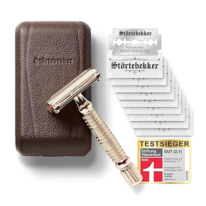 Störtebekker® Premium Rasierhobel im handgefertigten Leder-Etui | Rasier-Set mit 10 Rasierklingen, R