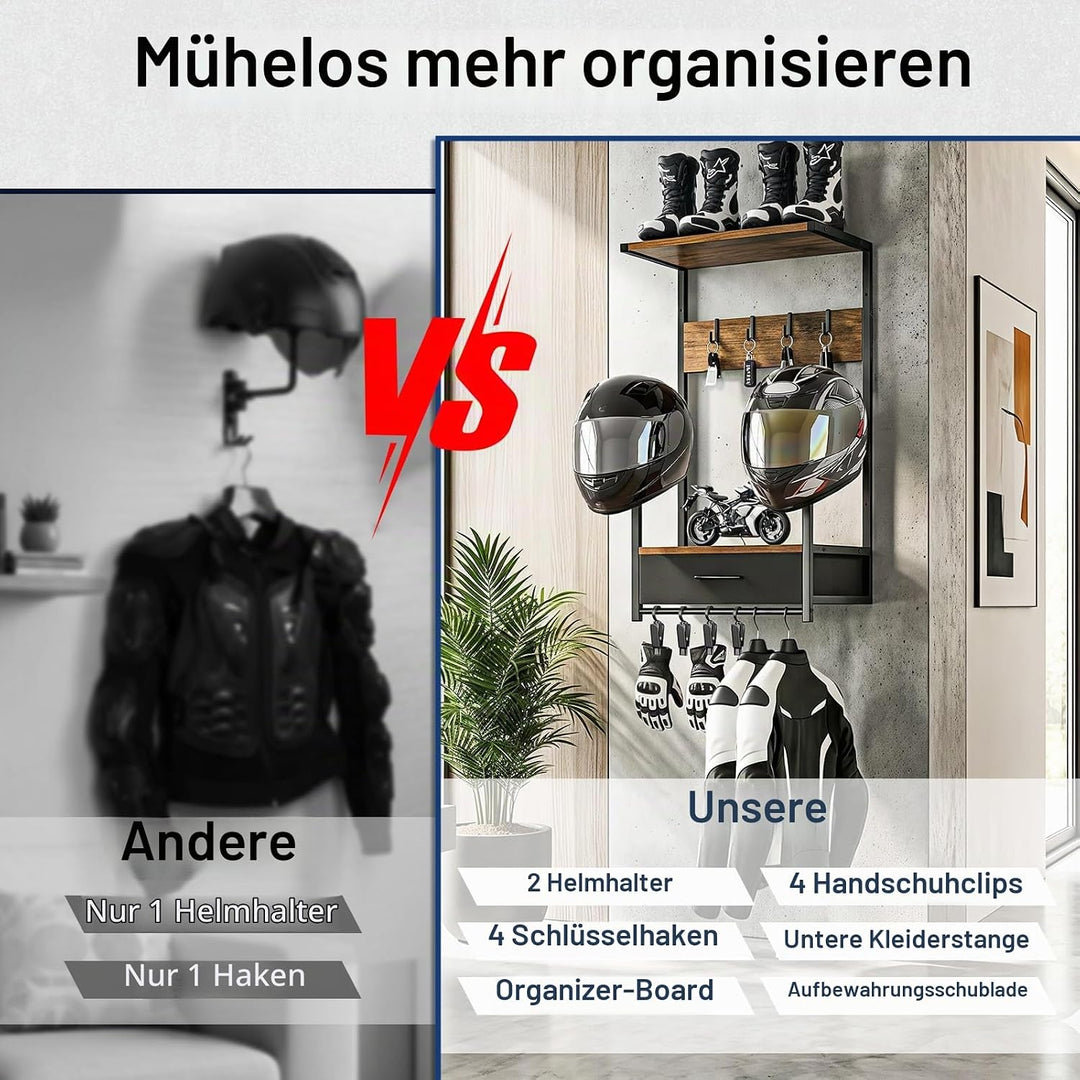 Housolution Motorradhelm Wandhalterung mit Stoffschublade, Helmhalterung mit 4 Handschuhchips und 4