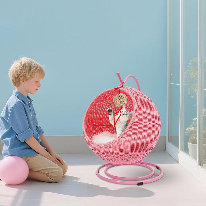 KatzenhäNgematte,Rattan äHnliche HäNgekorb-KatzenhöHle, Freistehend, Gelb Braun Rosa 7,5 Kg Lasten K