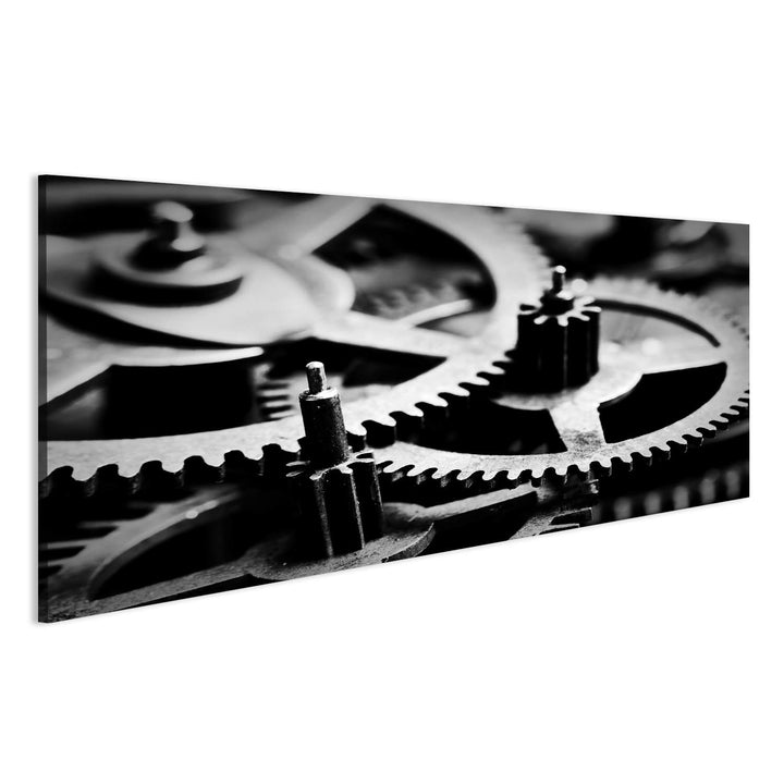islandburner, Bild auf Leinwand Grunge-Getriebe, Zahnräder schwarz-weisser Hintergrund. Konzept von