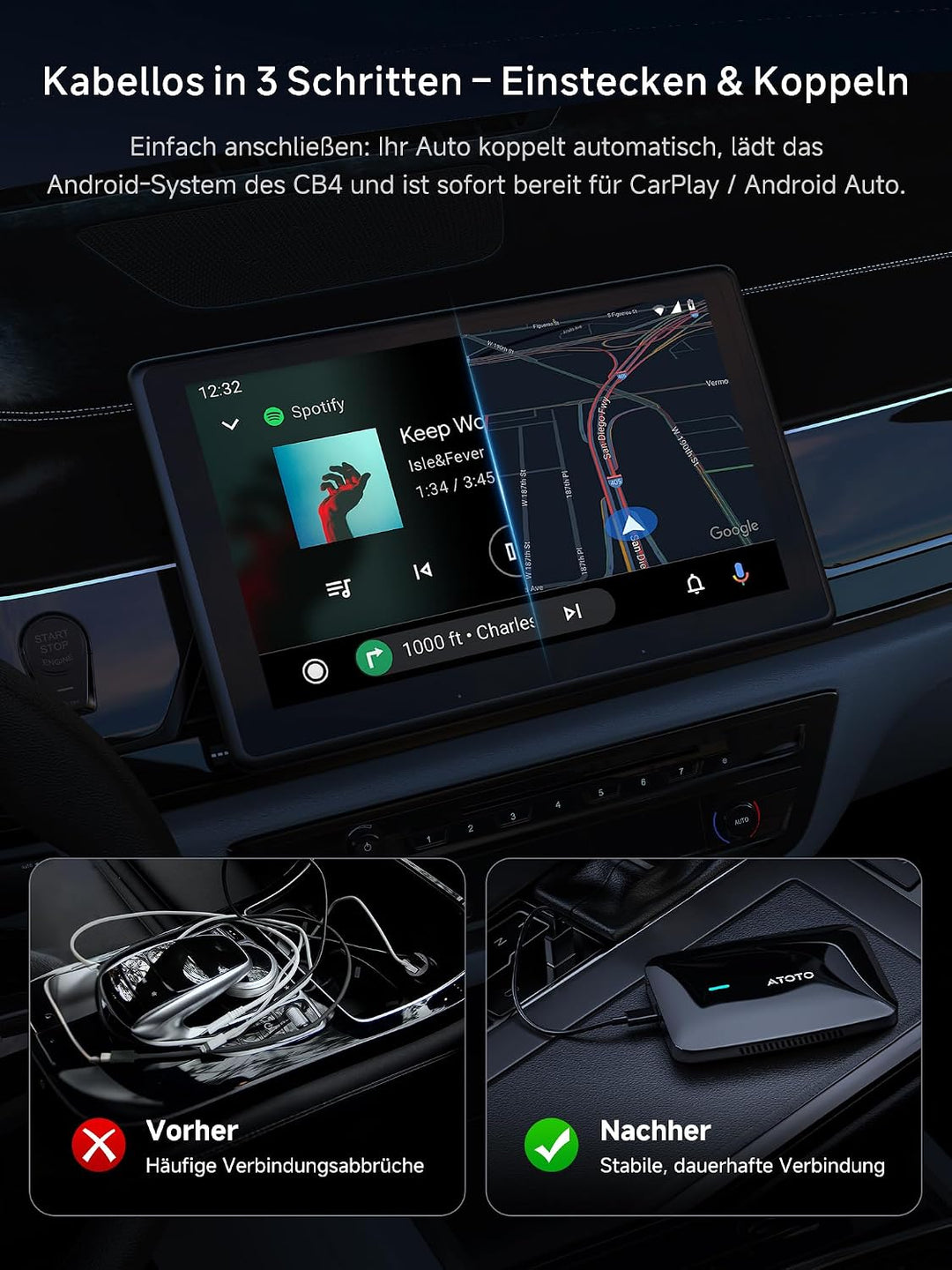 CarPlay Wireless Adapter, Magic AI Box Android Auto mit Dual-WiFi-Stabilität, Kompatibel mit Kabelge
