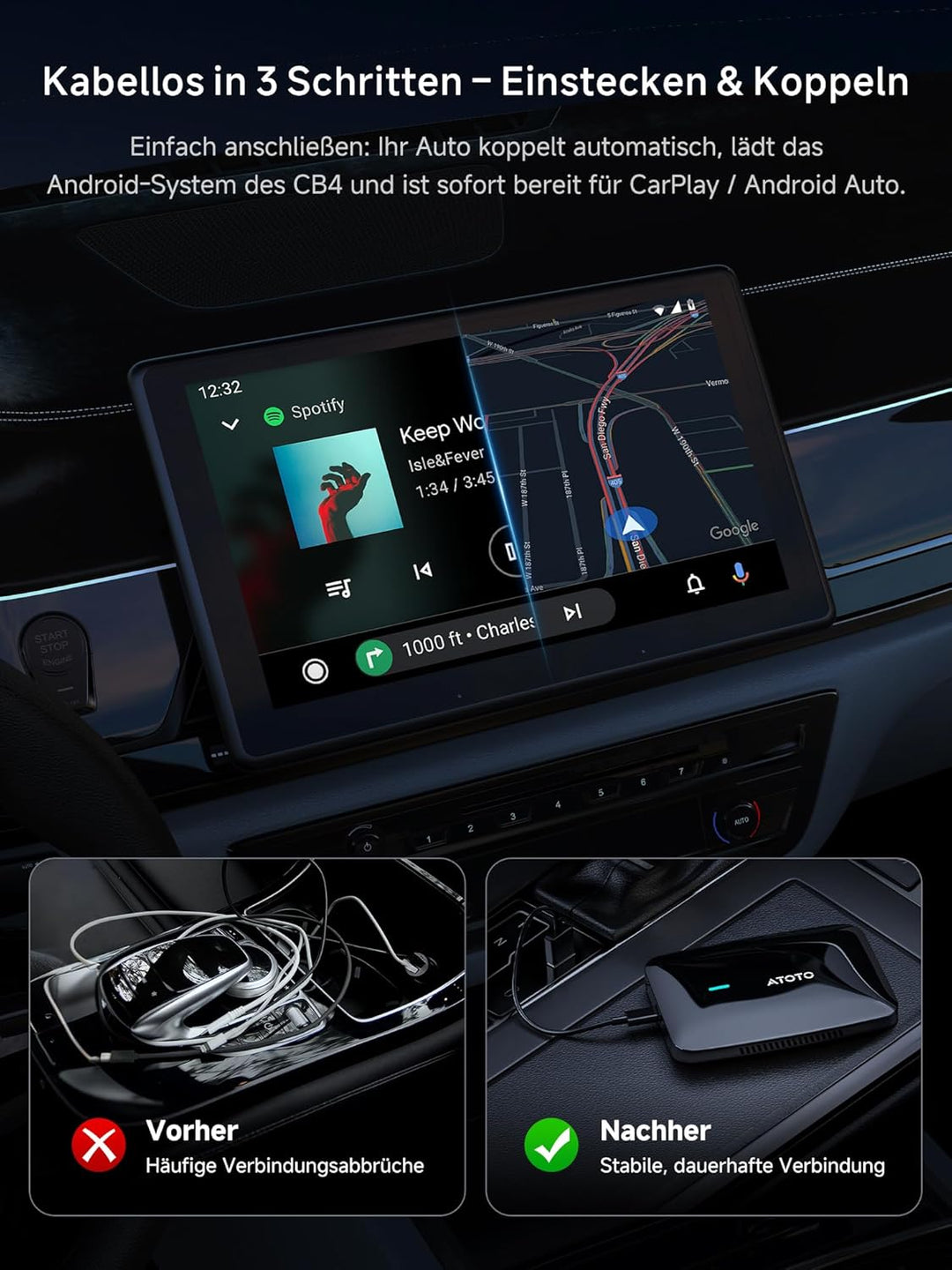 CarPlay Wireless Adapter, Magic AI Box Android Auto mit Dual-WiFi-Stabilität, Kompatibel mit Kabelge