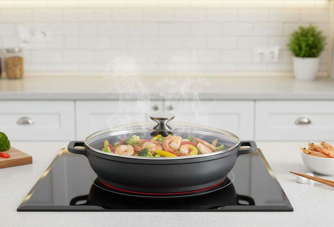 HQ Premium XL Bräter Servierpfanne mit Granit Keramikbeschichtung 6 Liter 36cm Durchmesser - Griff m