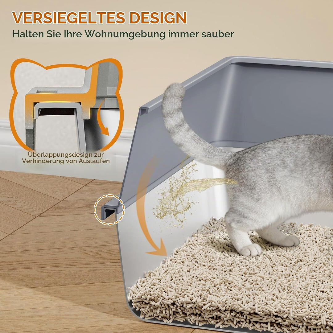 Katzenklo Edelstahl 2er Set, XXL Gross Katzentoilette, Dunkelgrau | Metall Katzentoilette mit Hoher